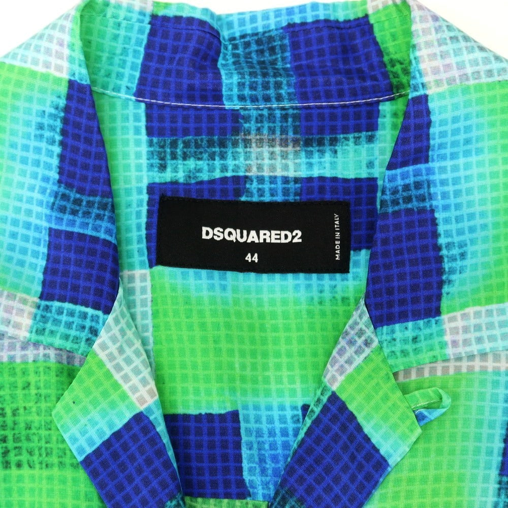 【新品】ディースクエアード DSQUARED2 レーヨンシルク チェック オープンカラー 半袖シャツ ライトグリーンxブルー【 44 】【 状態ランクN 】【 メンズ 】