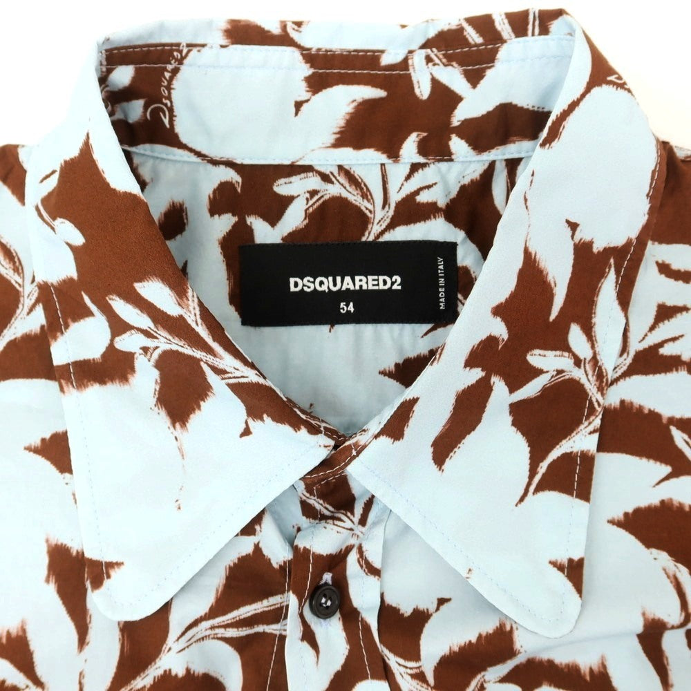 【新品】ディースクエアード DSQUARED2 コットン ボタニカル柄 カジュアルシャツ ライトブルーxブラウン【 54 】【 状態ランクN 】【 メンズ 】