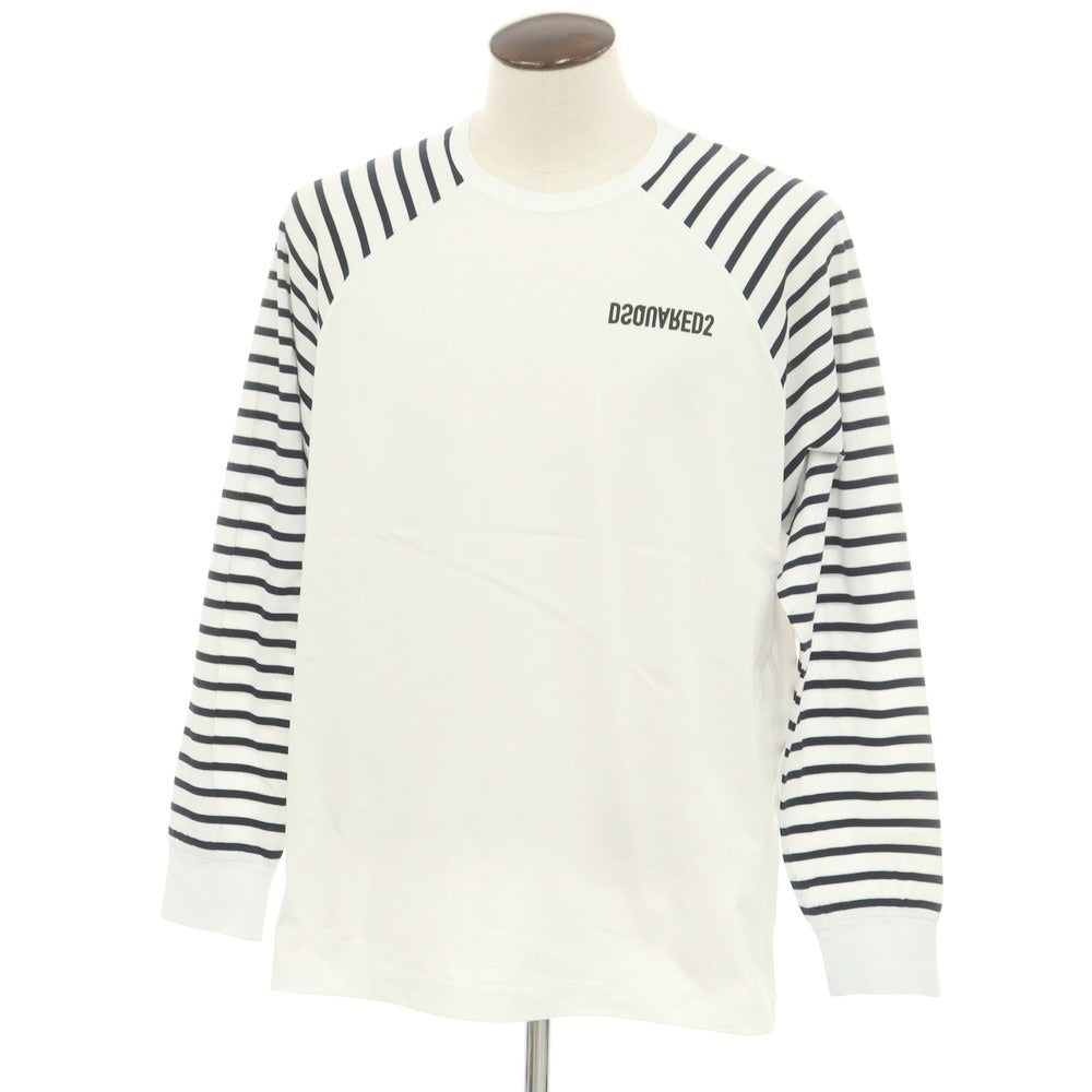 【新品】ディースクエアード DSQUARED2 コットン クルーネック 長袖Tシャツ ホワイトxネイビー【 L 】【 状態ランクN 】【 メンズ 】