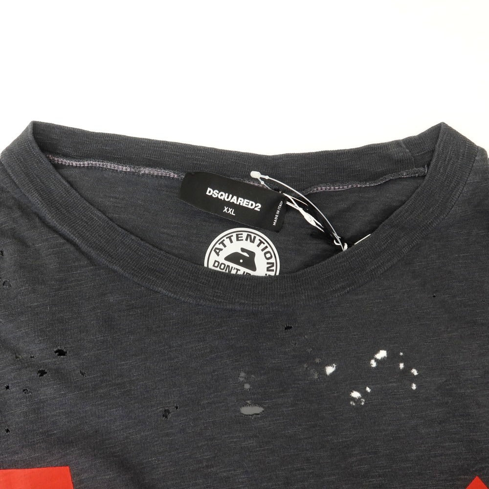 【新品】ディースクエアード DSQUARED2 ダメージ加工 コットンレーヨン クルーネック 半袖Tシャツ ブラック【 XXL 】【 状態ランクN 】【 メンズ 】