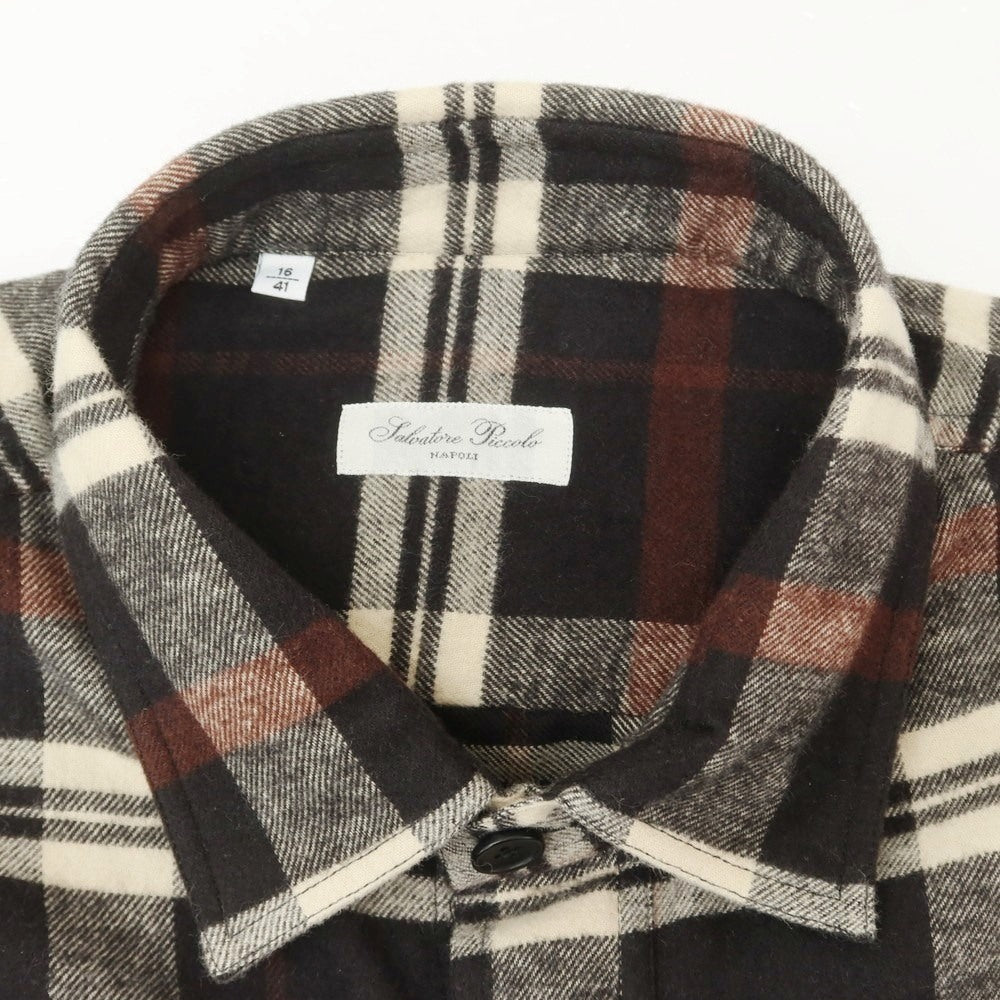 【新品】サルヴァトーレピッコロ Salvatore Piccolo チェック コットンフランネル セミワイドカラー カジュアルシャツ ブラックxアイボリー【 41 】【 状態ランクN 】【 メンズ 】