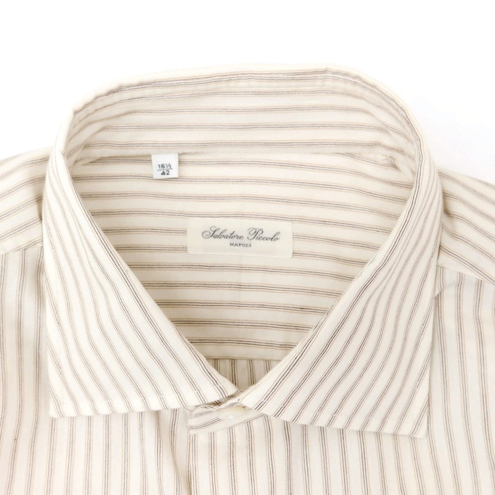 【新品】サルヴァトーレピッコロ Salvatore Piccolo ストライプ コットン セミワイドカラー ドレスシャツ オフホワイトxベージュ【 42 】【 状態ランクN 】【 メンズ 】