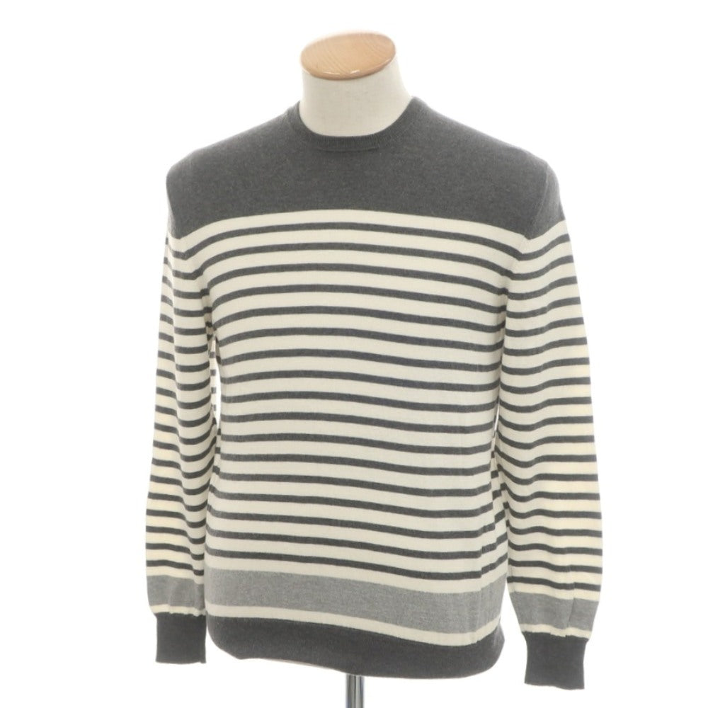 【中古】ドルモア DRUMOHR ハイゲージ コットンカシミヤ ボーダー クルーネック プルオーバーニット グレーxホワイト【 46 】【 状態ランクB 】【 メンズ 】