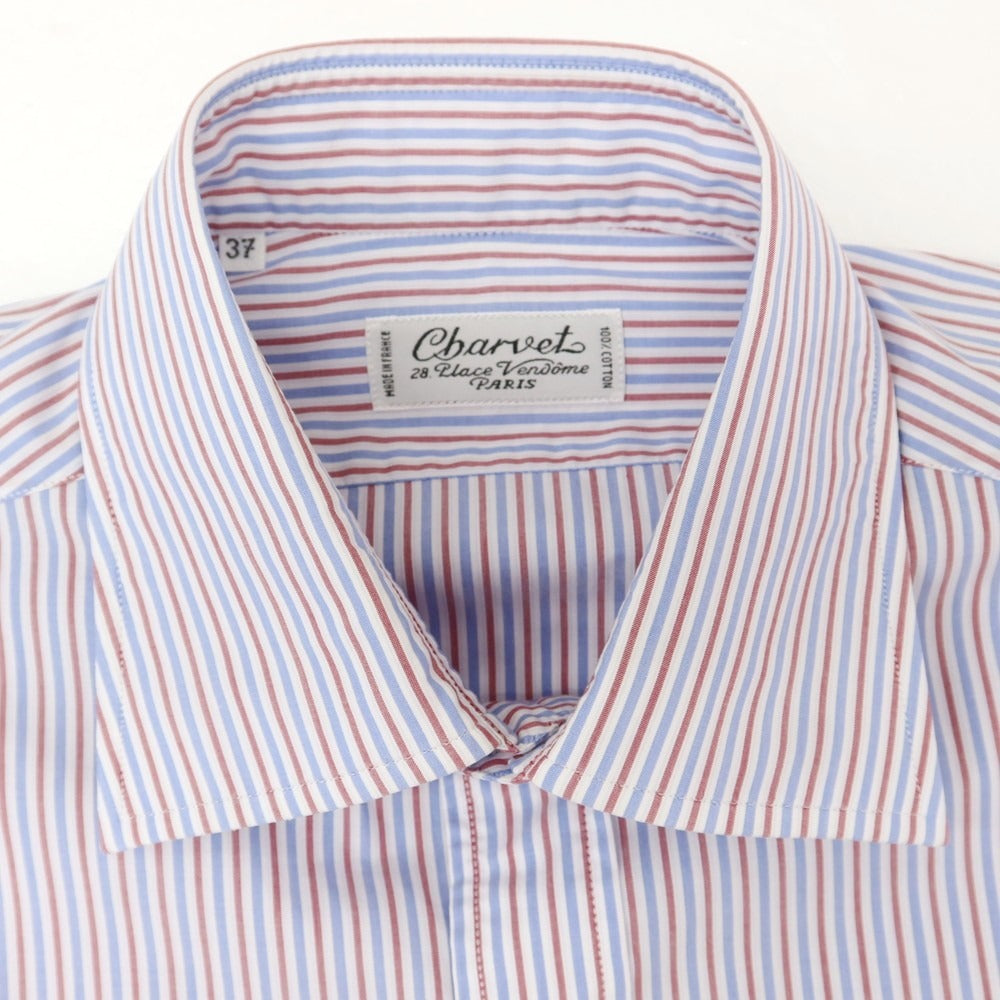 【中古】シャルベ CHARVET コットン ストライプ ドレスシャツ ブルーxホワイト×レッド【 37 】【 状態ランクC 】【 メンズ 】