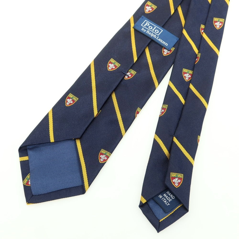 【中古】ポロ ラルフローレン Polo Ralph Lauren シルク クレスト ストライプ柄ネクタイ ダークネイビーxイエロー【 状態ランクB 】【 メンズ 】