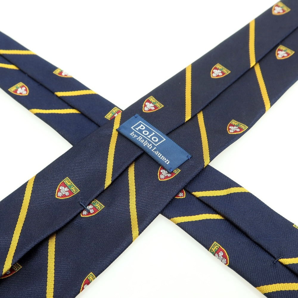 【中古】ポロ ラルフローレン Polo Ralph Lauren シルク クレスト ストライプ柄ネクタイ ダークネイビーxイエロー【 状態ランクB 】【 メンズ 】