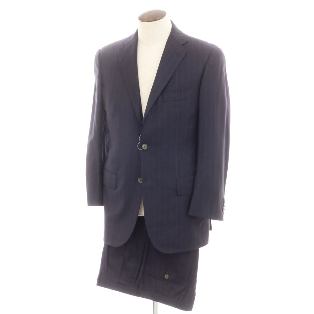 【中古】ソブリン SOVEREIGN SUPER120’Sウール ストライプ 3つボタンスーツ ダークネイビーxホワイト【 50 】【 状態ランクC 】【 メンズ 】