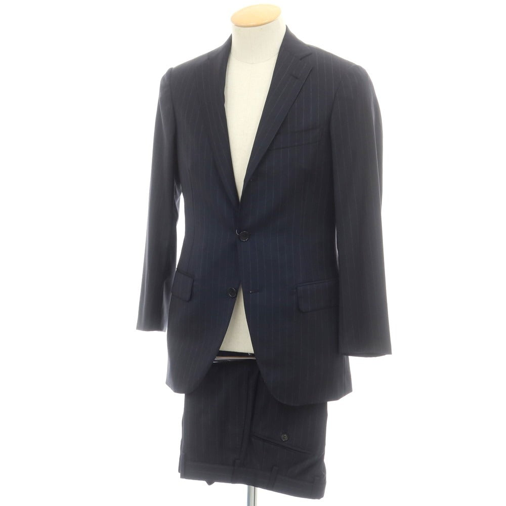 【中古】ベルベスト Belvest ウール ストライプ 3つボタンスーツ ダークネイビーxグレー【 42 】【 状態ランクB 】【 メンズ 】