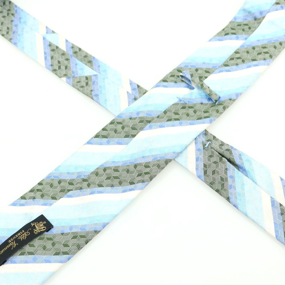 【中古】アットヴァンヌッチ Atto Vannucci シルク セッテピエゲ ストライプ柄ネクタイ ライトブルーxグリーン【 状態ランクA 】【 メンズ 】