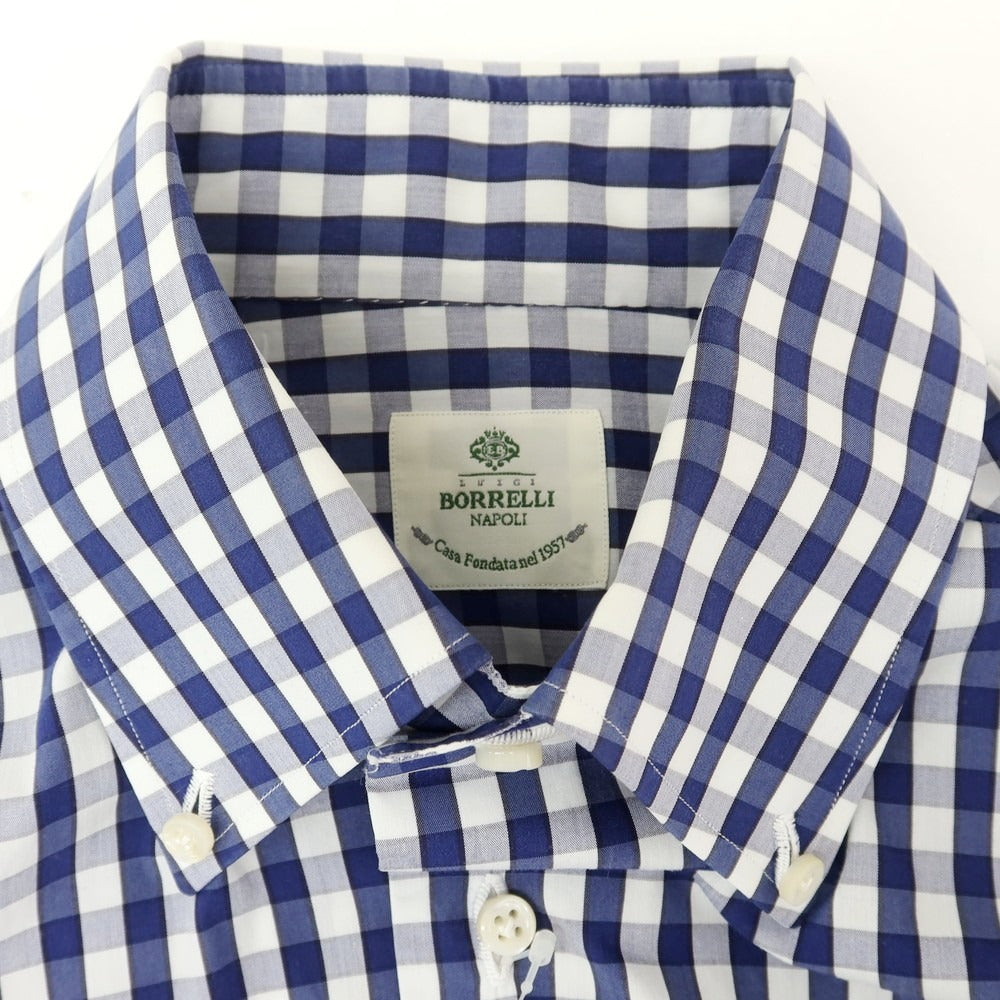 【中古】ルイジ ボレッリ Luigi Borrelli ストレッチ コットンナイロン ギンガムチェック ボタンダウン カジュアルシャツ ネイビーxホワイト【 38 】【 状態ランクB 】【 メンズ 】