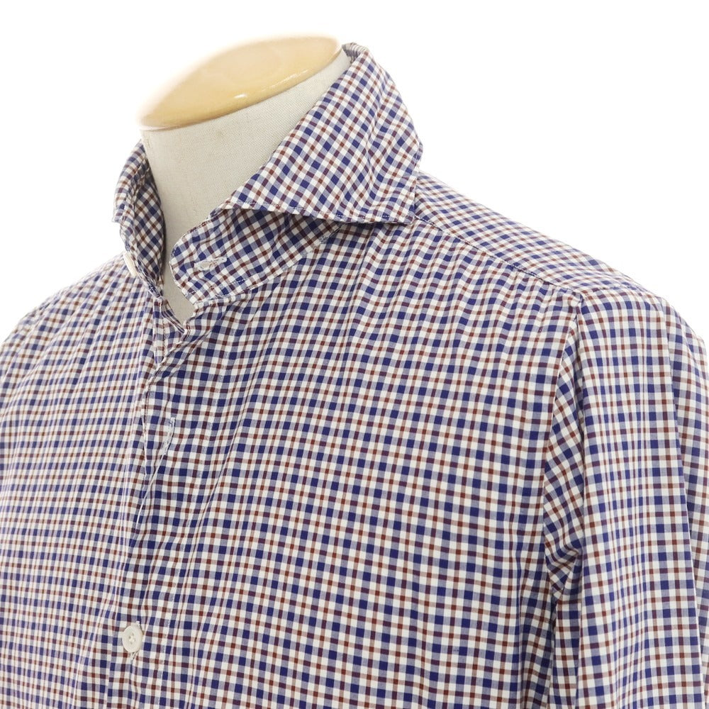 【中古】フィナモレ Finamore コットン チェック ホリゾンタルカラー カジュアルシャツ ネイビーxブラウン【 38 】【 状態ランクC 】【 メンズ 】