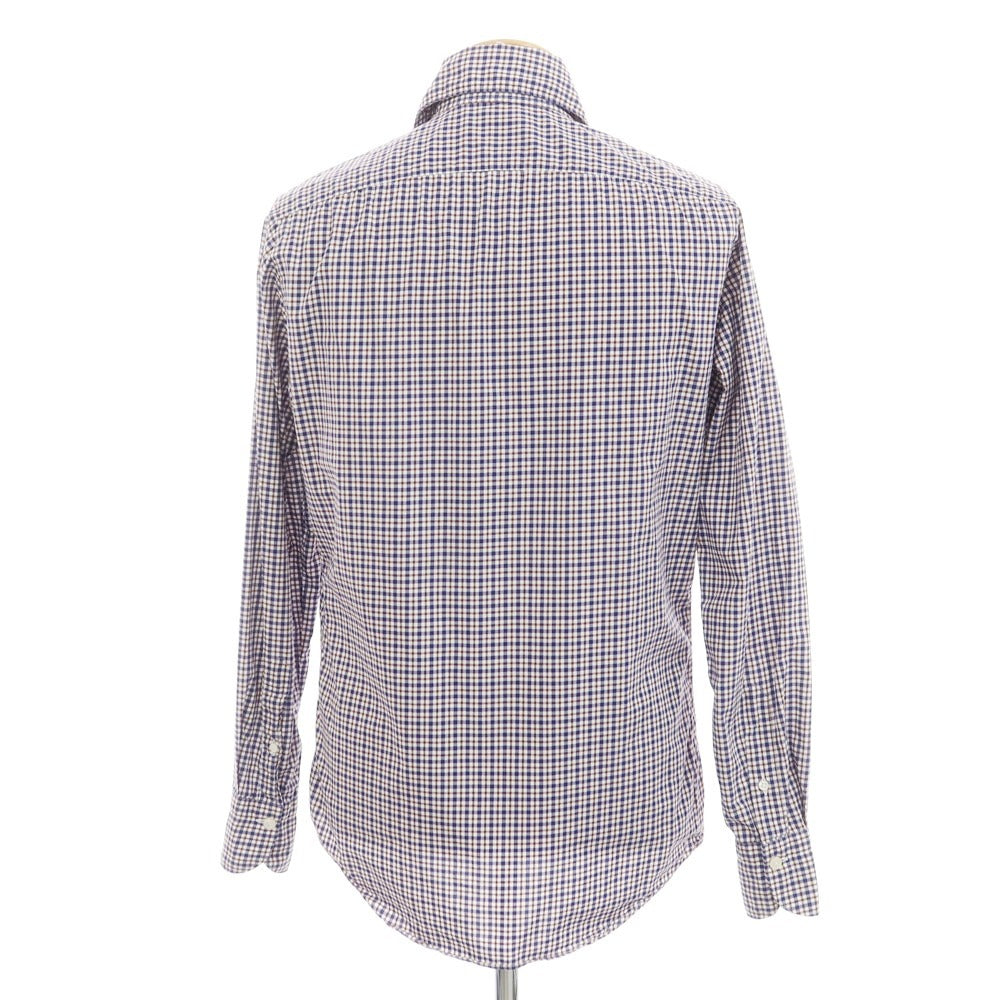 【中古】フィナモレ Finamore コットン チェック ホリゾンタルカラー カジュアルシャツ ネイビーxブラウン【 38 】【 状態ランクC 】【 メンズ 】