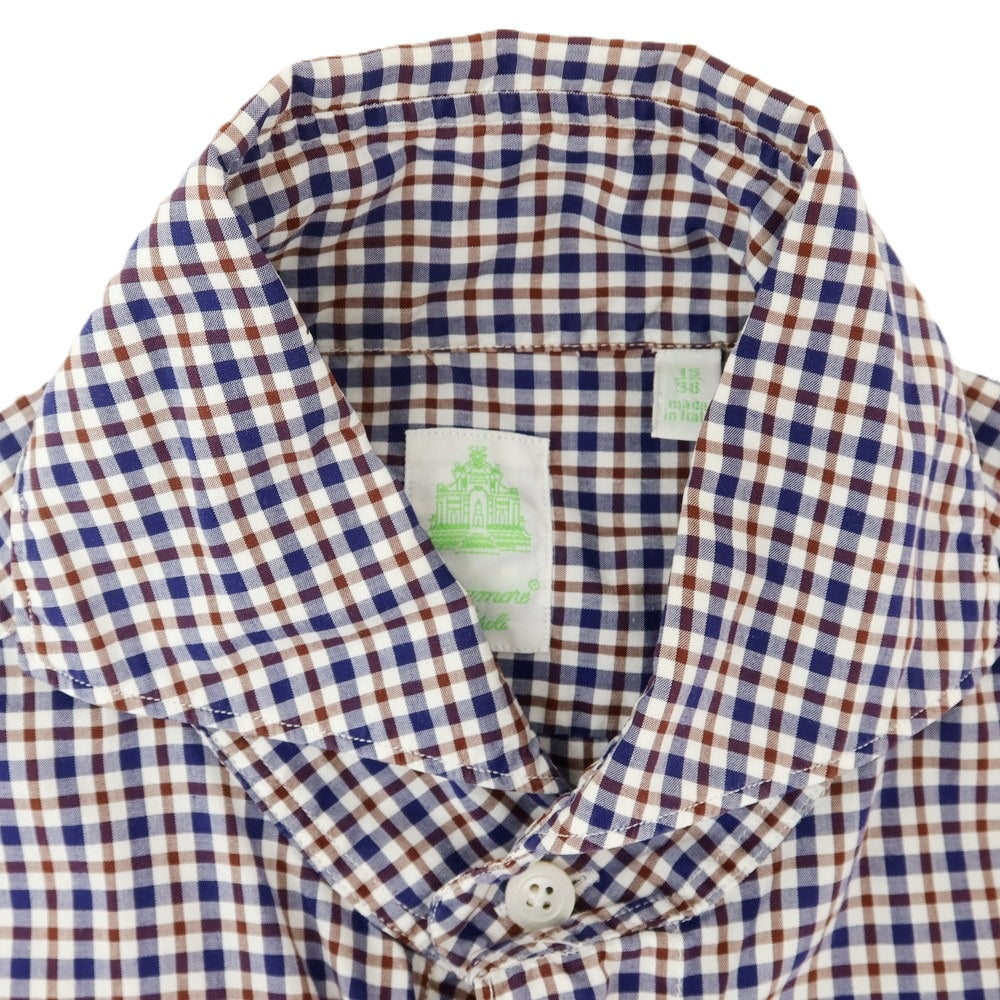 【中古】フィナモレ Finamore コットン チェック ホリゾンタルカラー カジュアルシャツ ネイビーxブラウン【 38 】【 状態ランクC 】【 メンズ 】