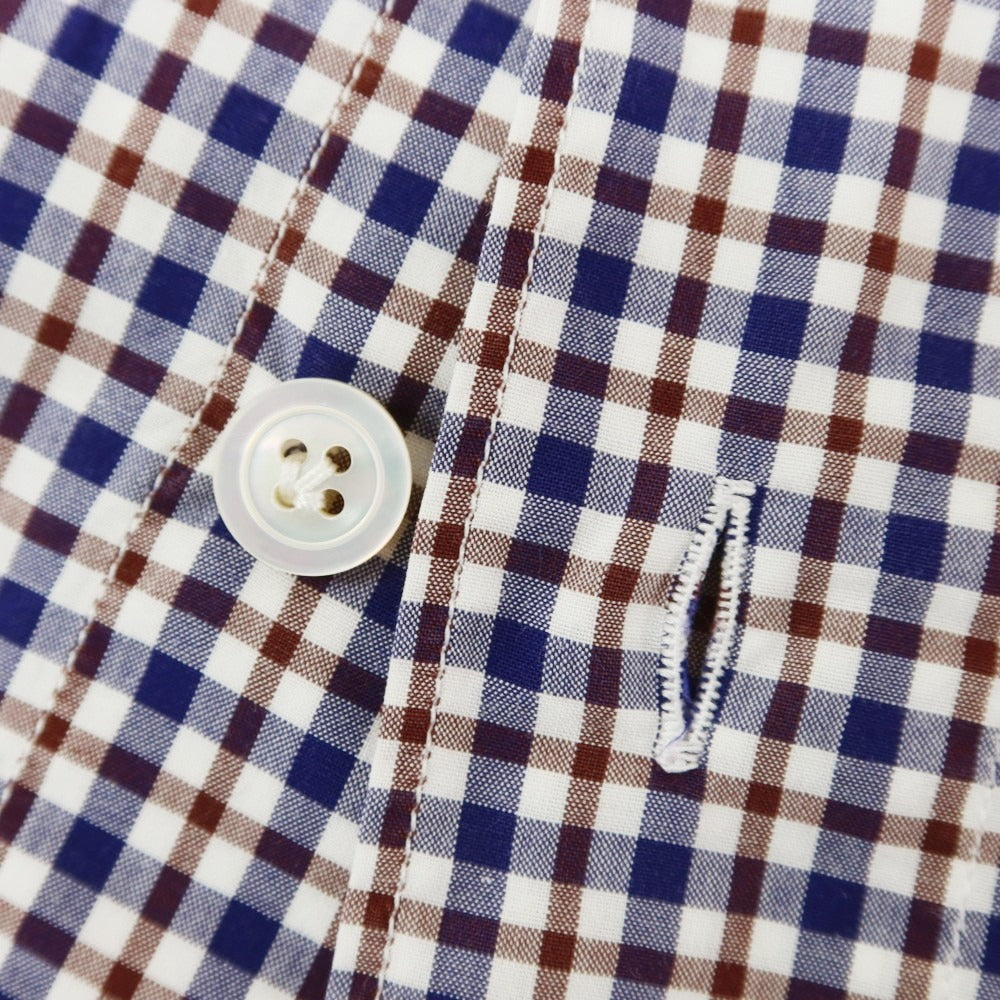 【中古】フィナモレ Finamore コットン チェック ホリゾンタルカラー カジュアルシャツ ネイビーxブラウン【 38 】【 状態ランクC 】【 メンズ 】