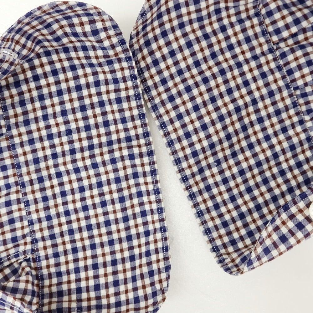 【中古】フィナモレ Finamore コットン チェック ホリゾンタルカラー カジュアルシャツ ネイビーxブラウン【 38 】【 状態ランクC 】【 メンズ 】