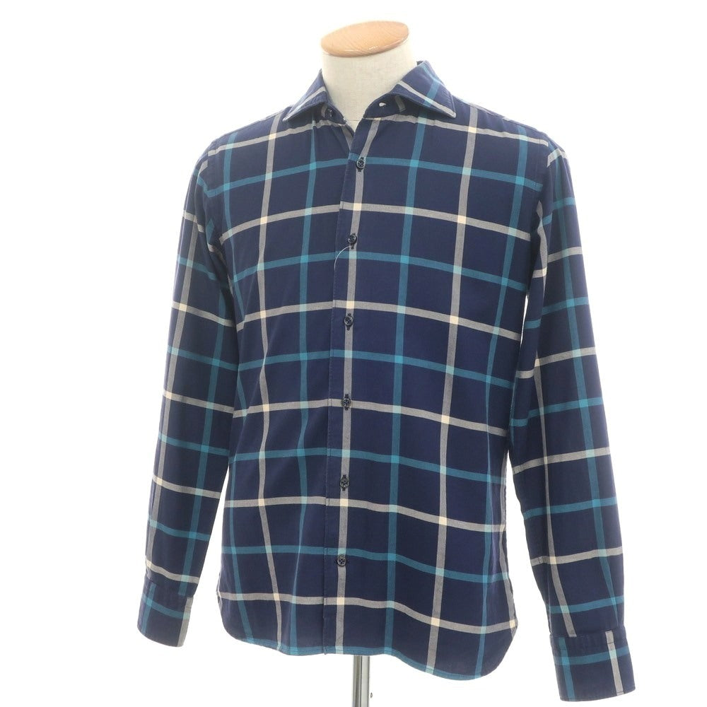 【中古】オリアン ORIAN コットン チェック ワイドカラー カジュアルシャツ ネイビー【 S 】【 状態ランクC 】【 メンズ 】