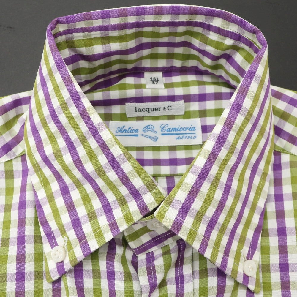 【中古】アンティカカミチェリア Antica Camiceria コットン ギンガムチェック ボタンダウン カジュアルシャツ パープルxグリーン【 37 】【 状態ランクB 】【 メンズ 】