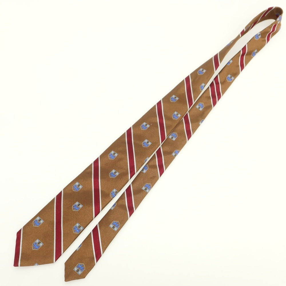 【中古】ブロックルハースト BROCKLEHURST シルク クレスト ストライプ柄ネクタイ ブラウンxワインレッド【 状態ランクB 】【 メンズ 】