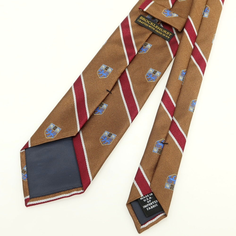 【中古】ブロックルハースト BROCKLEHURST シルク クレスト ストライプ柄ネクタイ ブラウンxワインレッド【 状態ランクB 】【 メンズ 】