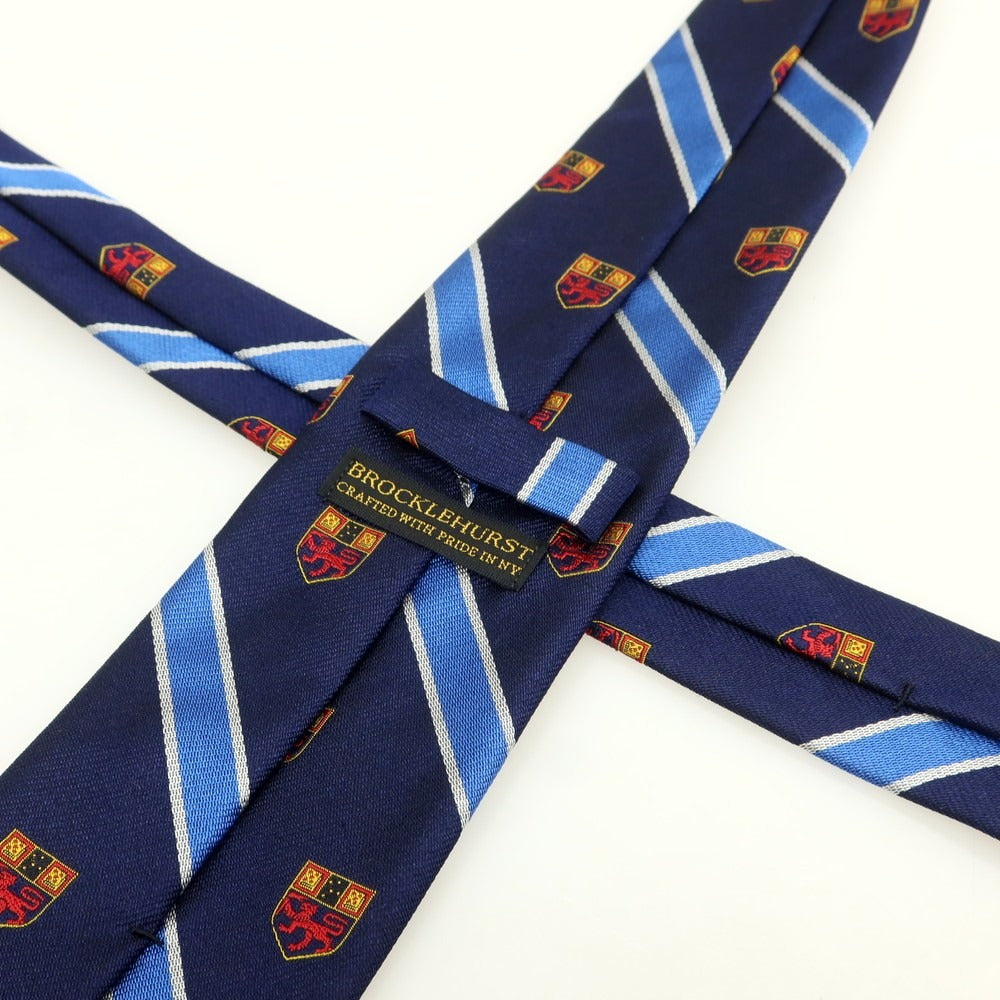【中古】ブロックルハースト BROCKLEHURST シルク クレスト ストライプ柄ネクタイ ネイビーxブルー【 状態ランクB 】【 メンズ 】