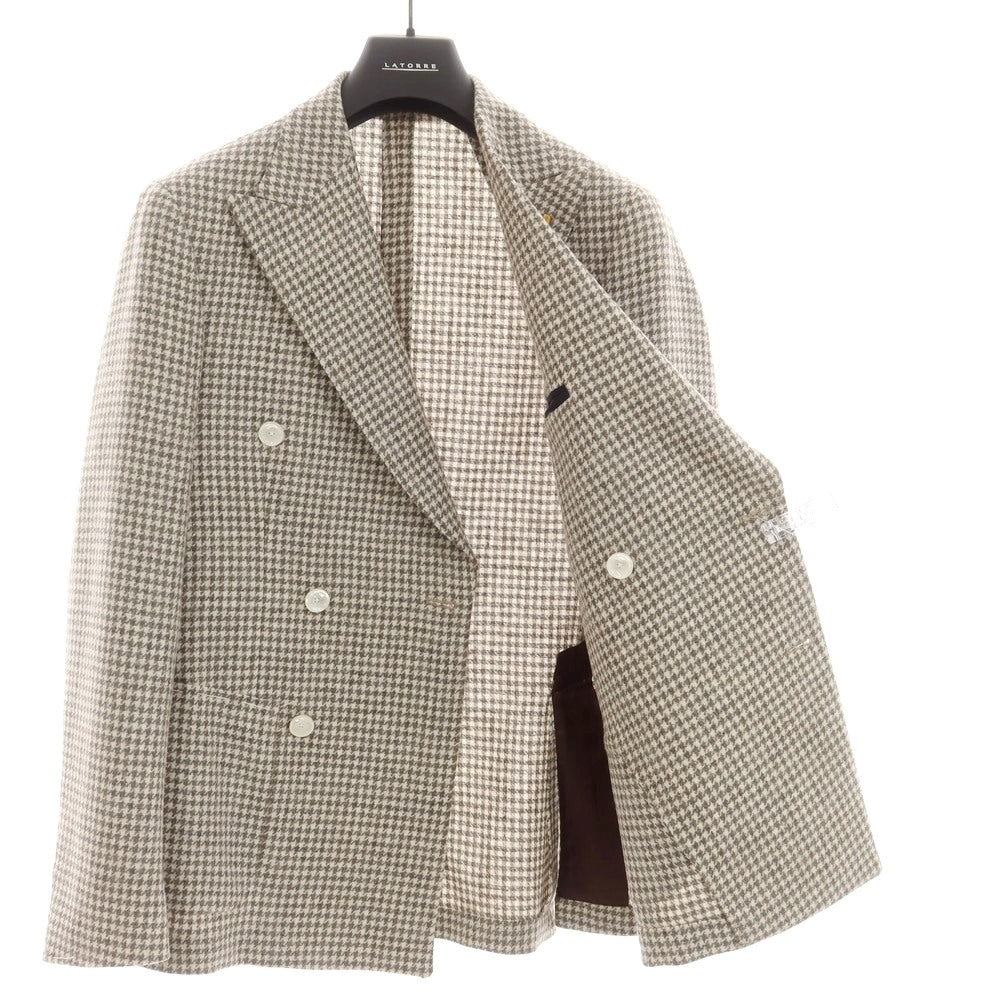 【新品】サルトリア ラトーレ SARTORIA LATORRE ウール チェック ダブル テーラードジャケット オフホワイトxグレー×ブラウン【 46 】【 状態ランクN 】【 メンズ 】