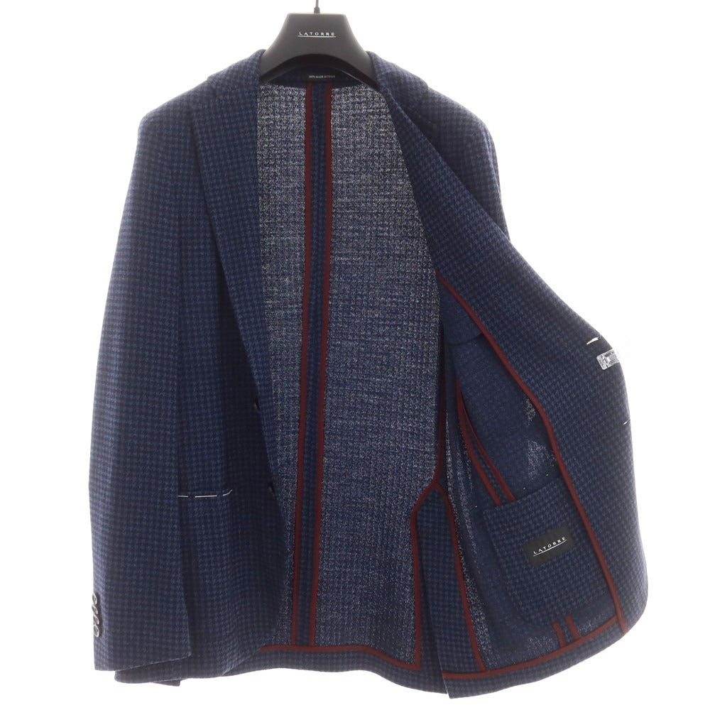 【新品】サルトリア ラトーレ SARTORIA LATORRE ハウンドトゥース柄 ジャージー テーラードジャケット ダークブルーxブラック【 46 】【 状態ランクN 】【 メンズ 】