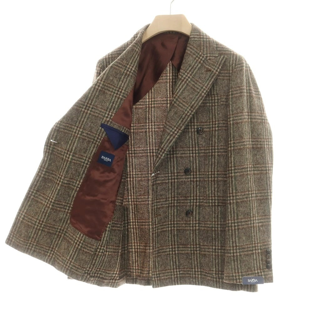 【新品】バルバ BARBA アルパカウールナイロン チェック テーラードジャケット ブラウン系xグリーン【 48 】【 状態ランクN 】【 メンズ 】