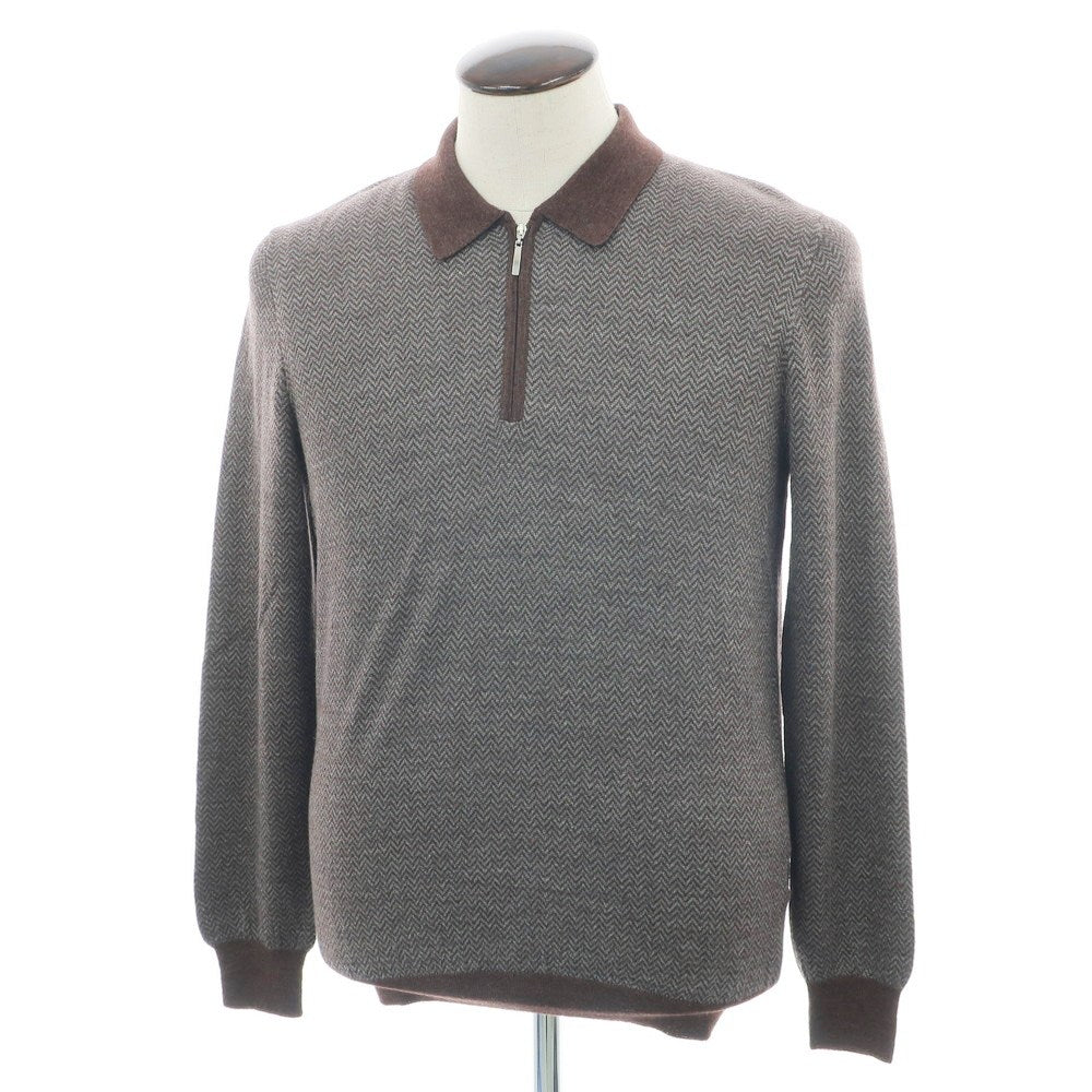 【新品】バルバ BARBA ハイゲージ ウールシルク ハーフジップ 長袖  ポロニット ブラウンxグレー【 50 】【 状態ランクN 】【 メンズ 】