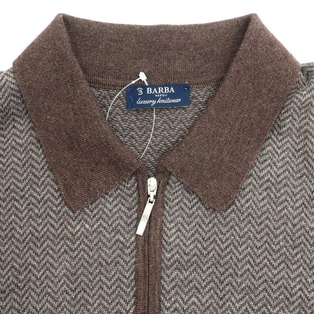 【新品】バルバ BARBA ハイゲージ ウールシルク ハーフジップ 長袖  ポロニット ブラウンxグレー【 50 】【 状態ランクN 】【 メンズ 】