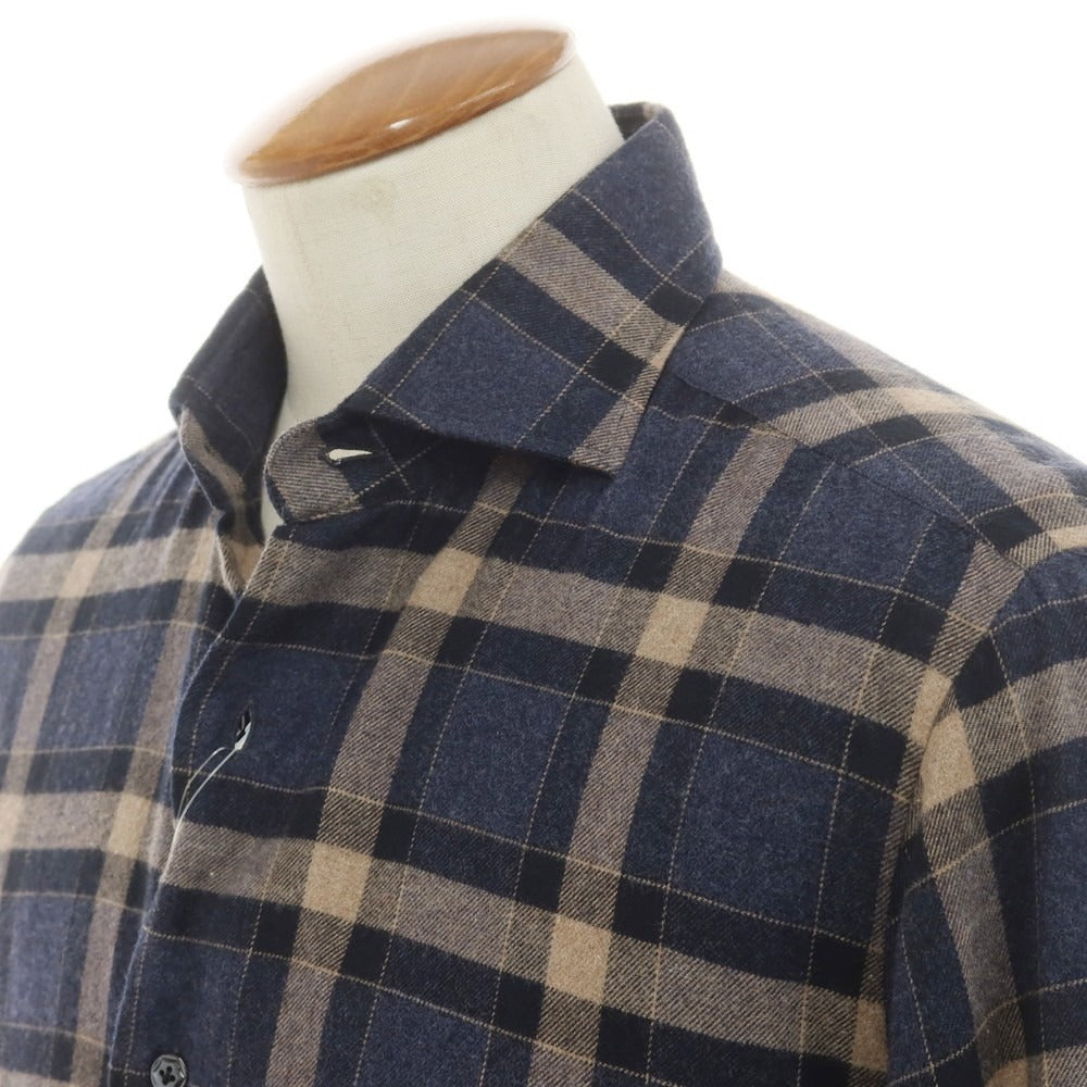 【新品】バルバ ダンディライフ BARBA DANDY LIFE コットンネル チェック カジュアルシャツ ネイビーxベージュ【 39 】【 状態ランクN 】【 メンズ 】
