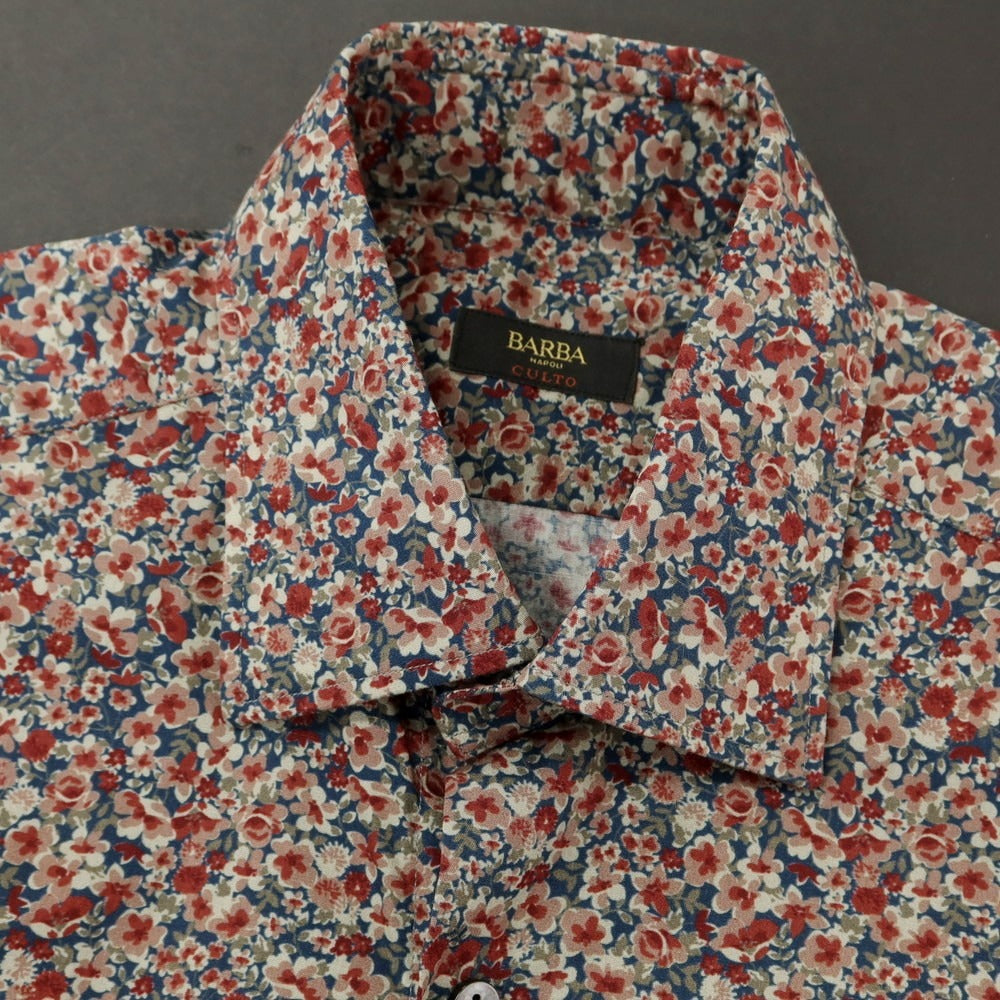 【新品】バルバ BARBA CULTO コットン ボタニカル レギュラーカラー カジュアルシャツ ネイビーxダスティピンク【 39 】【 状態ランクN 】【 メンズ 】