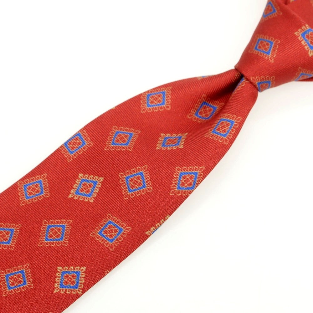 【新品】バルバ BARBA シルク クワトロピエゲ 小紋柄ネクタイ レッドxブルー【 状態ランクN 】【 メンズ 】