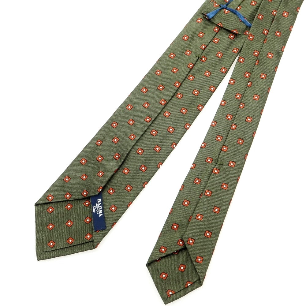 【新品】バルバ BARBA シルク クワトロピエゲ 小紋柄ネクタイ オリーブxブラウン【 状態ランクN 】【 メンズ 】