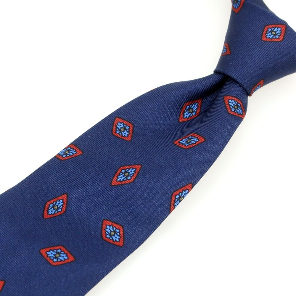 【新品】バルバ BARBA シルク クワトロピエゲ 小紋柄ネクタイ ネイビーxレッド【 状態ランクN 】【 メンズ 】