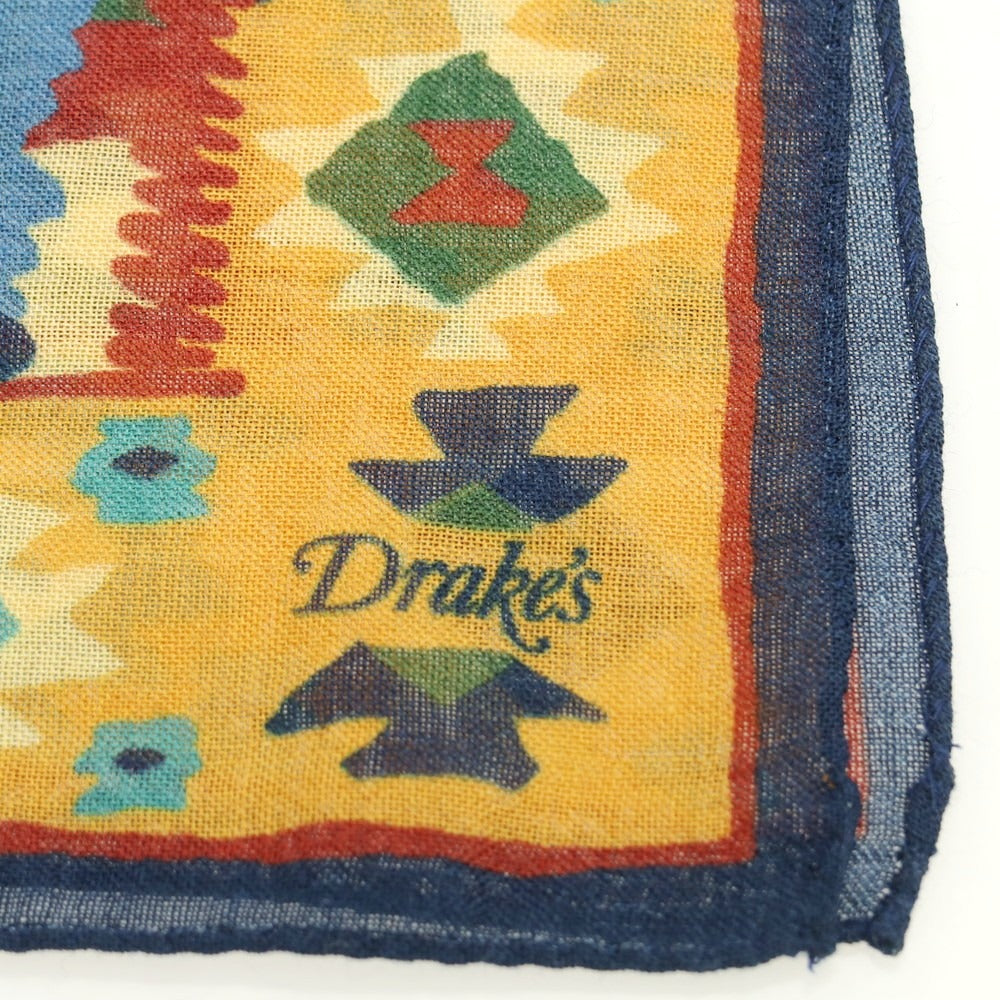 【新品】ドレイクス DRAKES ウールシルク プリント ポケットチーフ ネイビーxイエローオレンジ【 状態ランクN 】【 メンズ 】