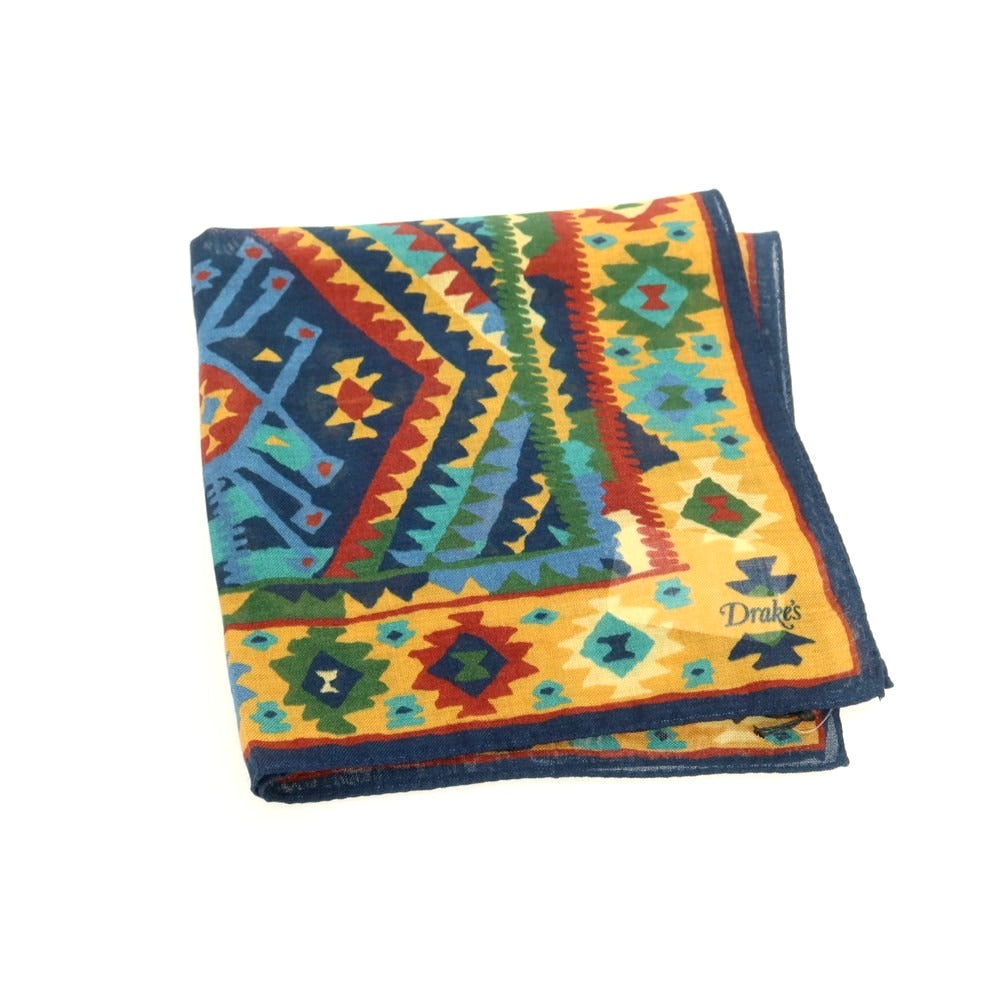 【新品】ドレイクス DRAKES ウールシルク プリント ポケットチーフ ネイビーxイエローオレンジ【 状態ランクN 】【 メンズ 】