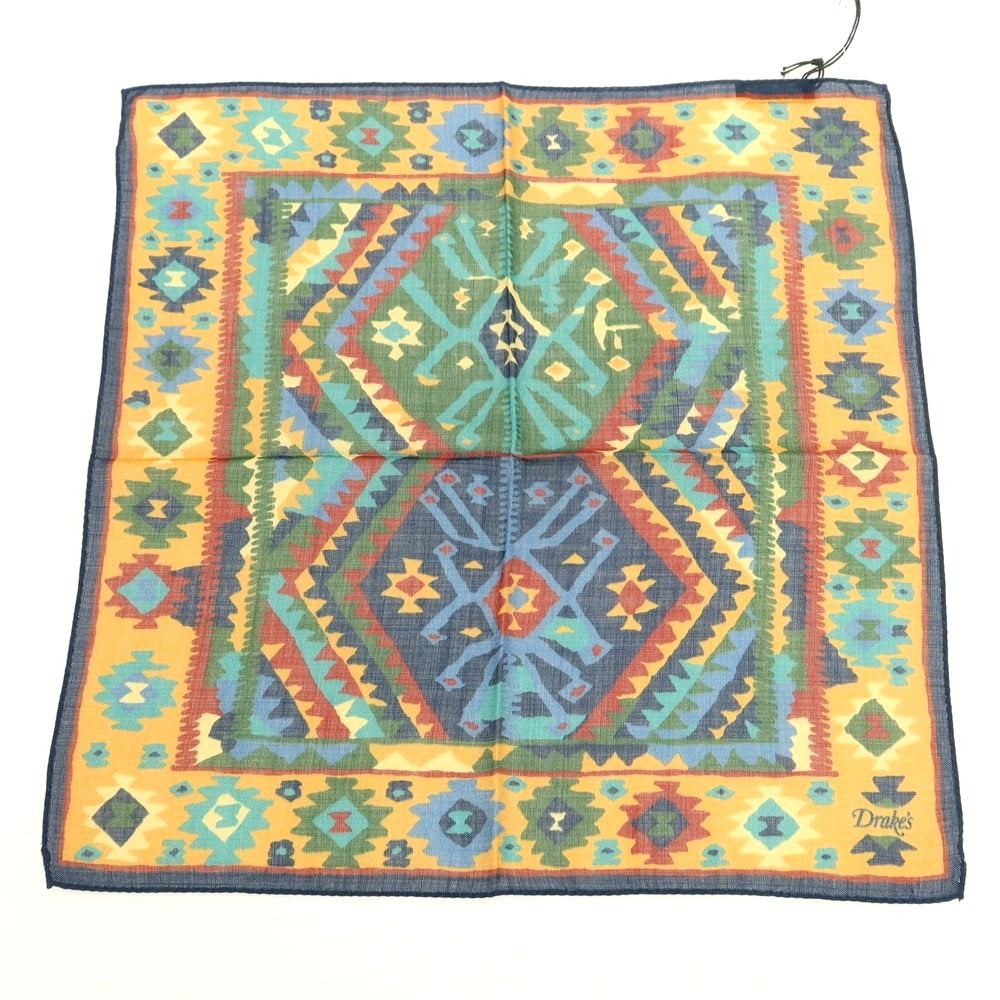 【新品】ドレイクス DRAKES ウールシルク プリント ポケットチーフ ネイビーxイエローオレンジ【 状態ランクN 】【 メンズ 】