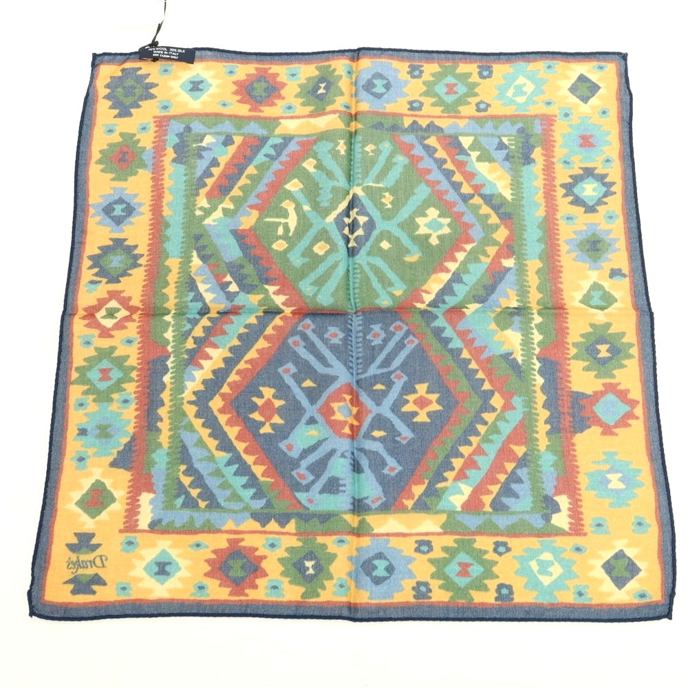 【新品】ドレイクス DRAKES ウールシルク プリント ポケットチーフ ネイビーxイエローオレンジ【 状態ランクN 】【 メンズ 】