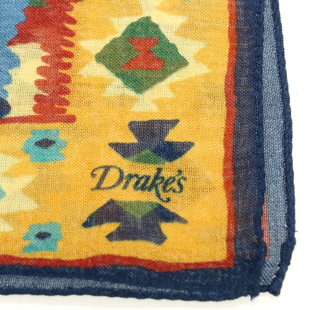 【新品】ドレイクス DRAKES ウールシルク プリント ポケットチーフ ネイビーxイエローオレンジ【 状態ランクN 】【 メンズ 】