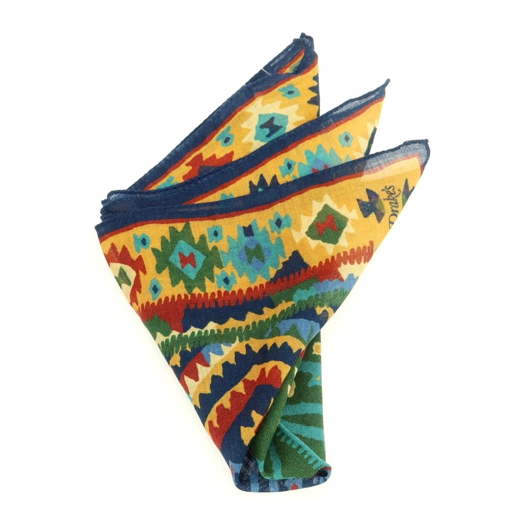 【新品】ドレイクス DRAKES ウールシルク プリント ポケットチーフ ネイビーxイエローオレンジ【 状態ランクN 】【 メンズ 】