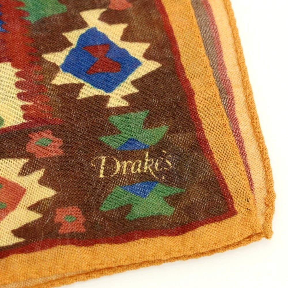 【新品アウトレット】ドレイクス DRAKES ウールシルク プリント ポケットチーフ ダークブラウンxダークオレンジ【 状態ランクN- 】【 メンズ 】