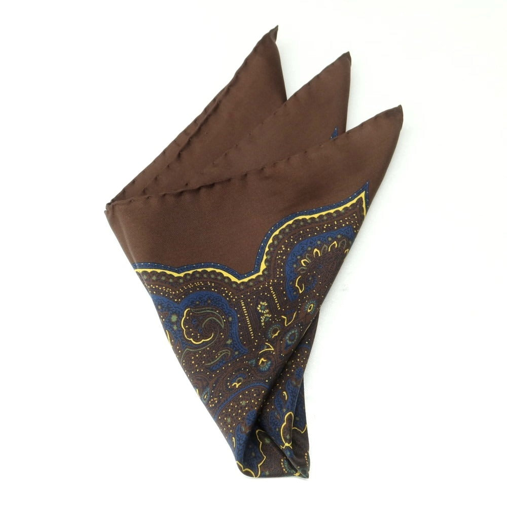 【新品】ドレイクス DRAKES シルク ペイズリー柄 ポケットチーフ ダークブラウンxマルチカラー【 状態ランクN 】【 メンズ 】