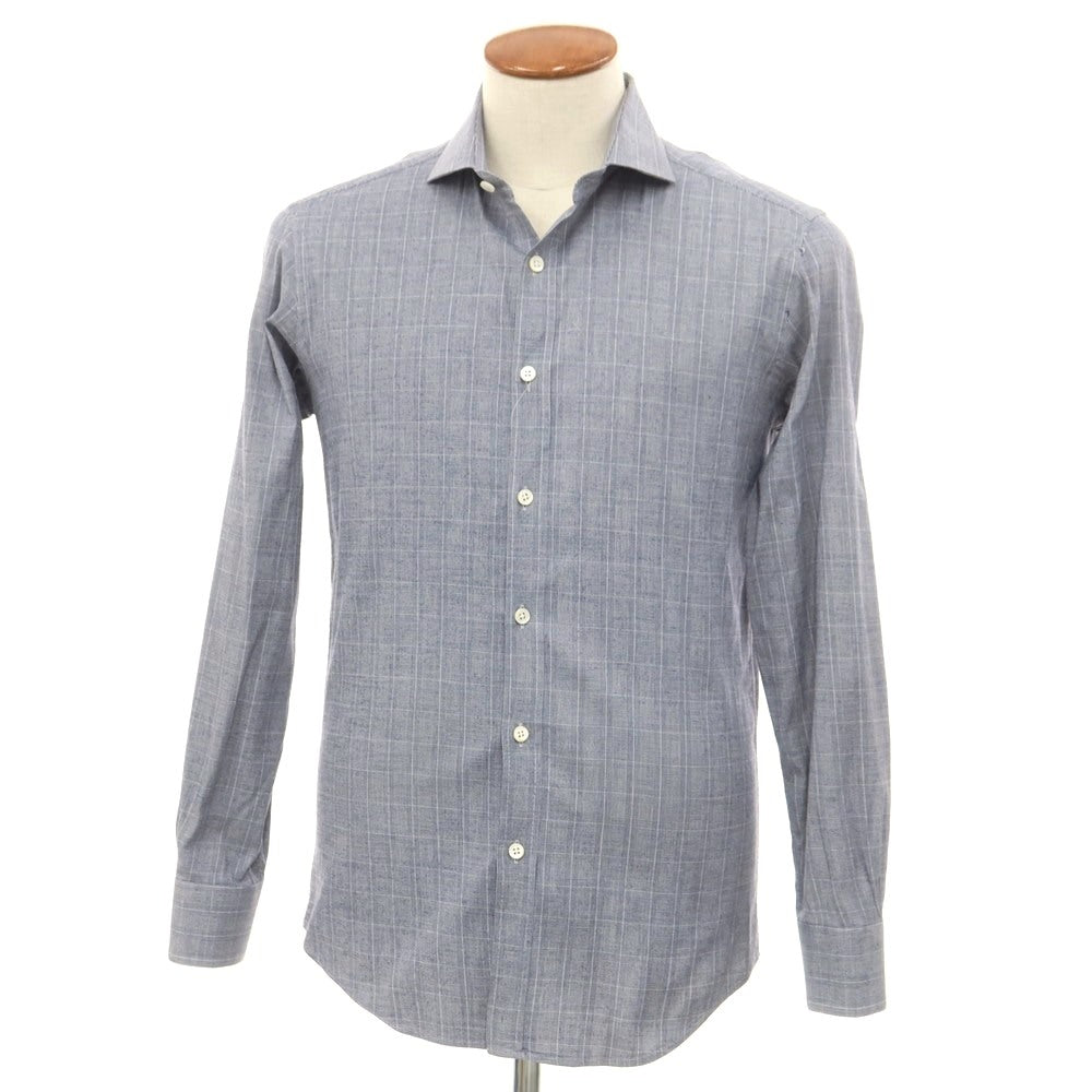 【中古】バグッタ Bagutta ストレッチ コットン チェック ホリゾンタルカラー カジュアルシャツ ネイビー【 40 】【 状態ランクB 】【 メンズ 】
