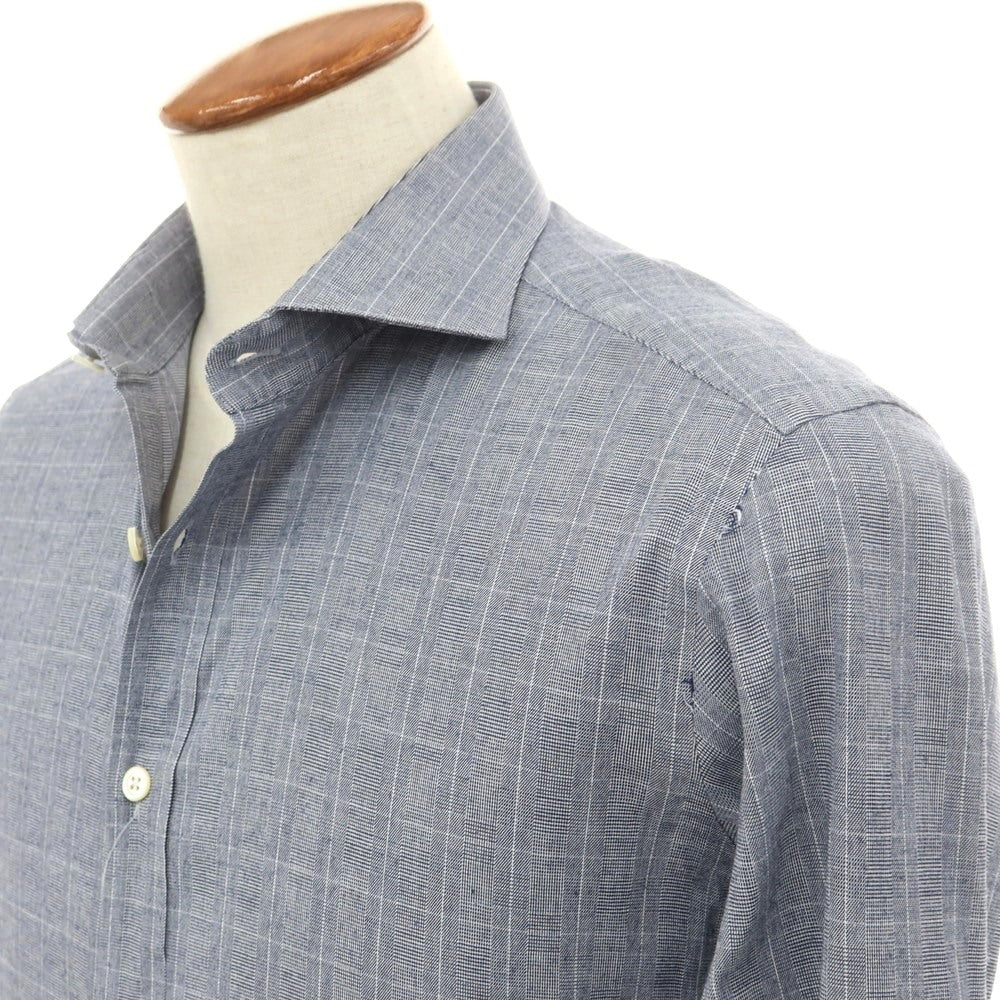 【中古】バグッタ Bagutta ストレッチ コットン チェック ホリゾンタルカラー カジュアルシャツ ネイビー【 40 】【 状態ランクB 】【 メンズ 】