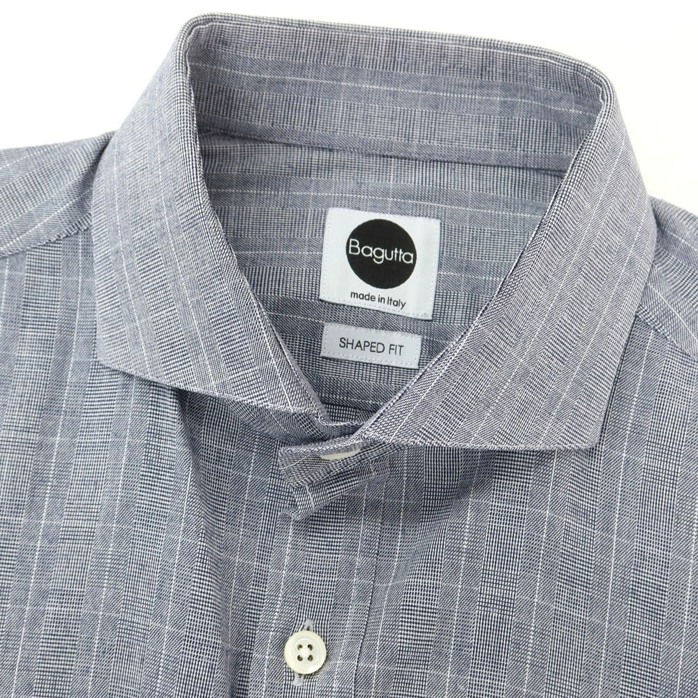 【中古】バグッタ Bagutta ストレッチ コットン チェック ホリゾンタルカラー カジュアルシャツ ネイビー【 40 】【 状態ランクB 】【 メンズ 】