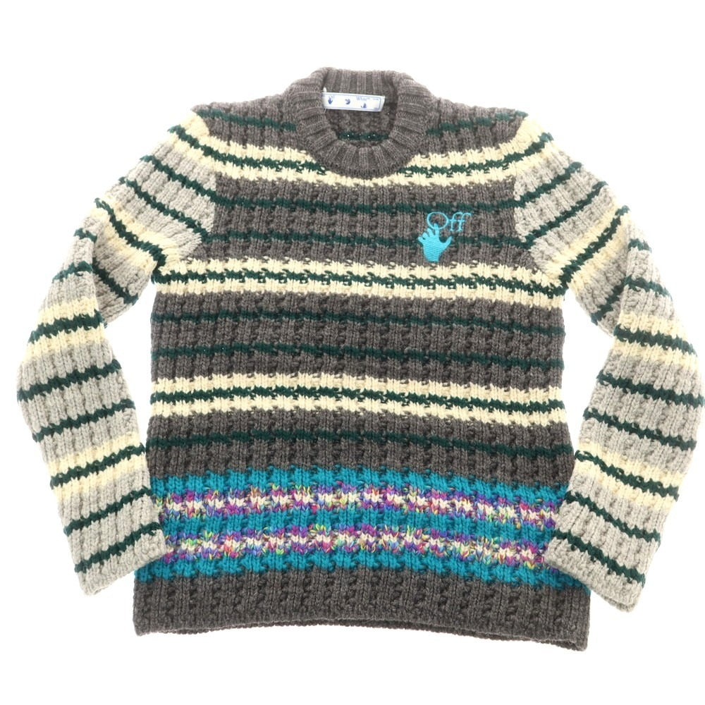 【中古】オフホワイト OFF-WHITE ローゲージ ウールナイロン クルーネック プルオーバーニット グレーxグリーン【 M 】【 状態ランクB 】【 メンズ 】