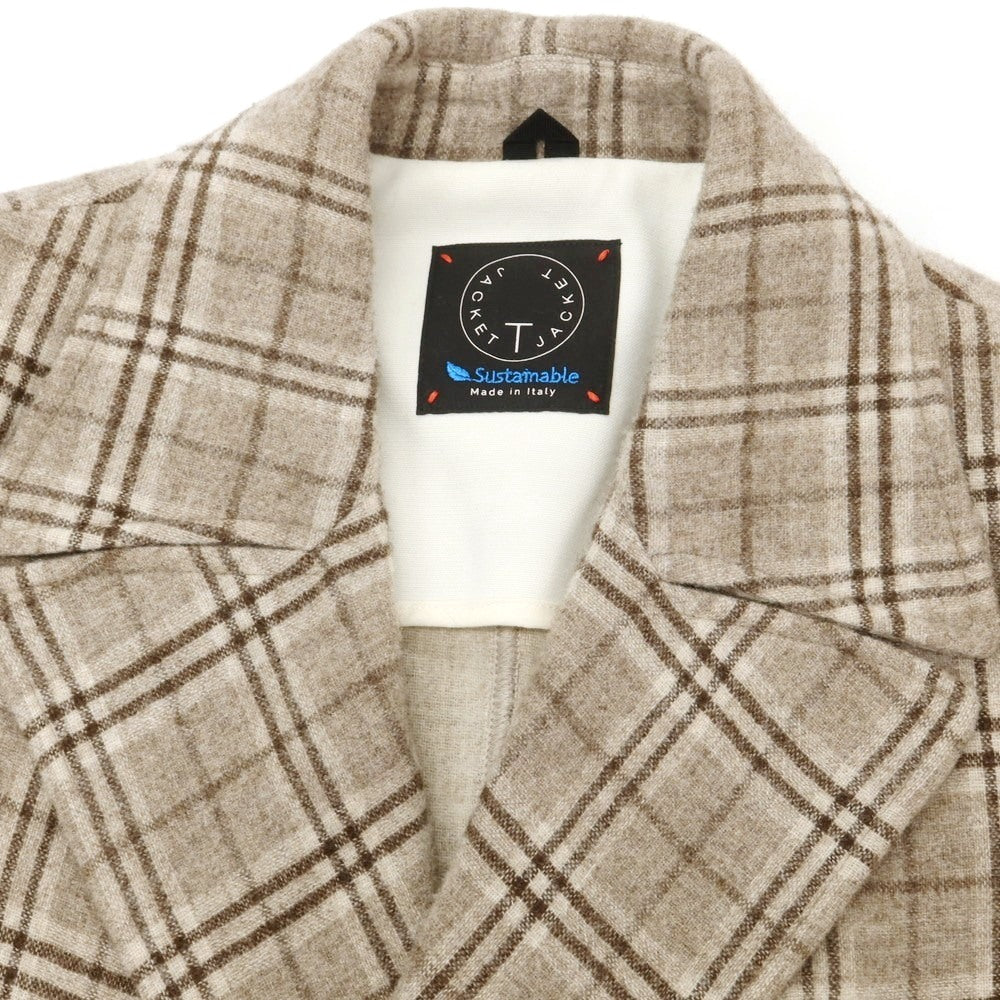 【中古】ティージャケット T-JACKET ウールカシミヤ チェック ピーコート ベージュxブラウン【 M 】【 状態ランクB 】【 メンズ 】