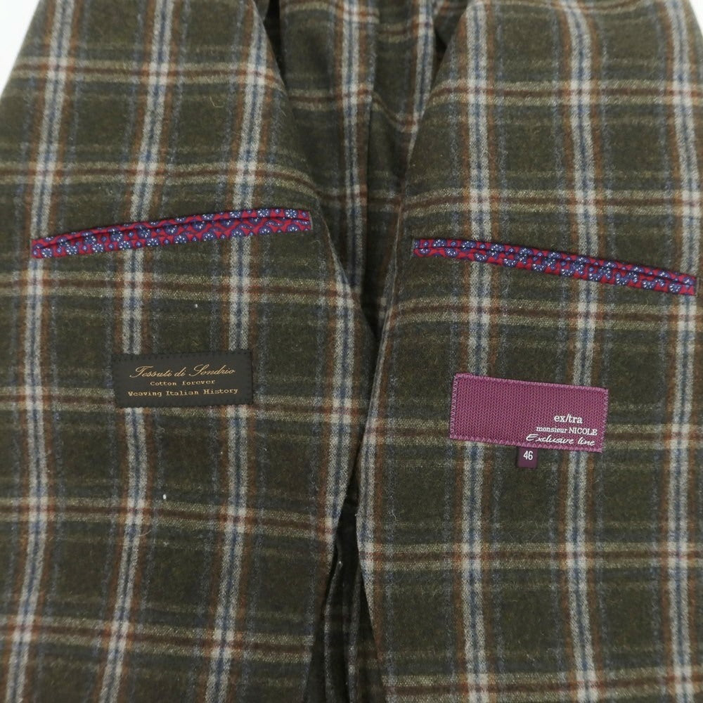 【中古】ムッシュニコル monsieur NICOLE ウールナイロンポリウレタン チェック 3B テーラードジャケット ダークモスグリーン【 46 】【 状態ランクA 】【 メンズ 】