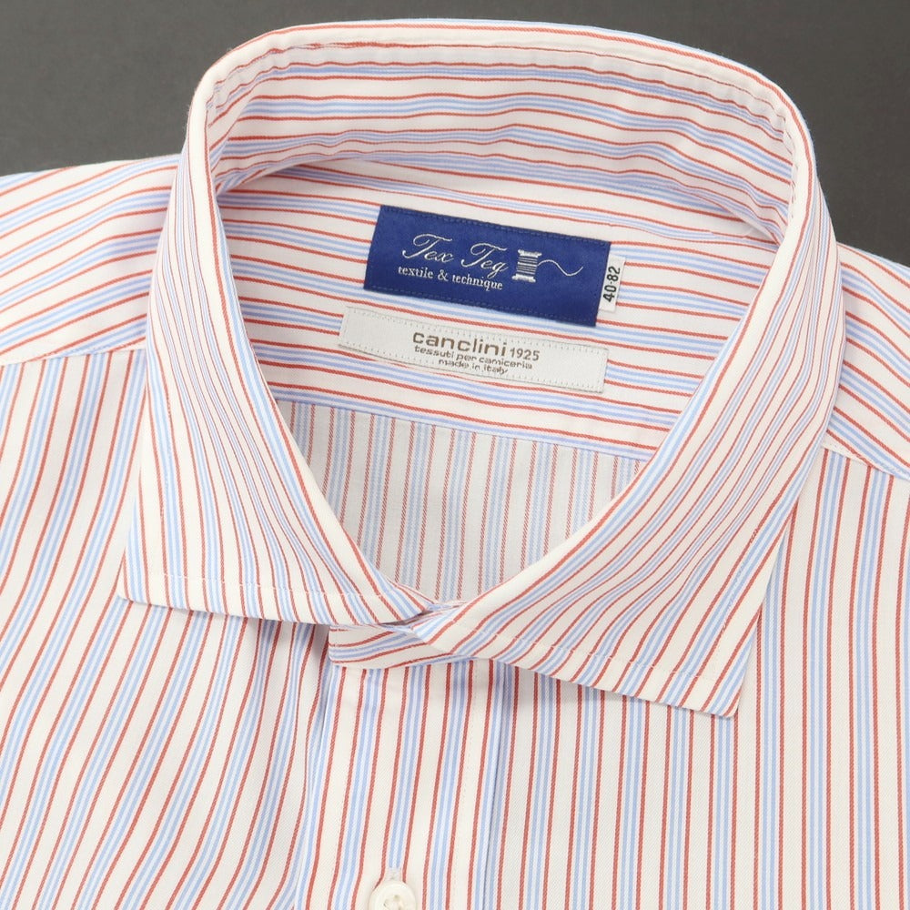 【中古】テックステック 鎌倉シャツ Tex Teq コットン ストライプ ワイドカラー ドレスシャツ レッドxホワイト【 40-82 】【 状態ランクB 】【 メンズ 】