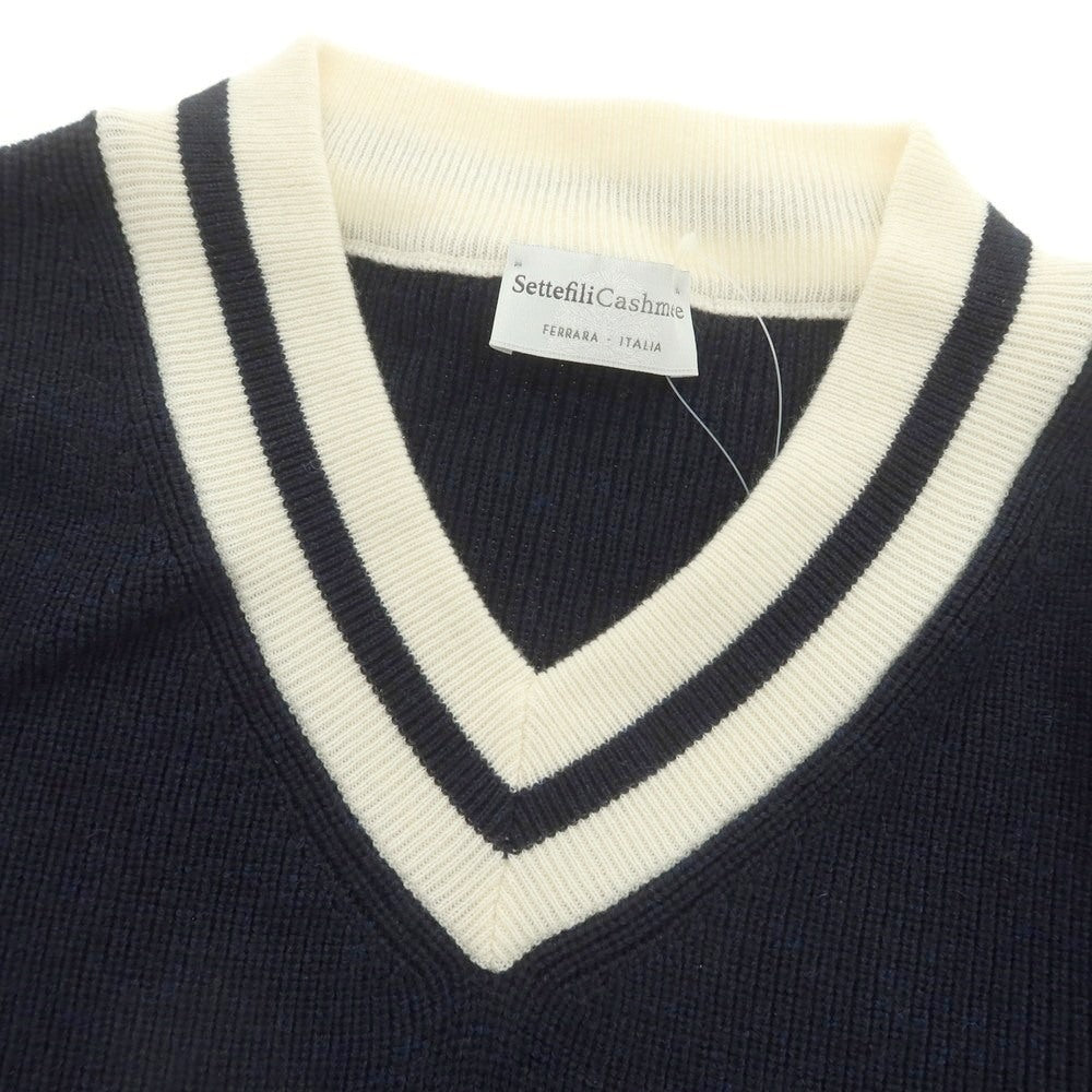 【中古】セッテフィーリ カシミア Settefili Cashmere ミドルゲージ ウール系 Vネック プルオーバーニット ネイビー【 46 】【 状態ランクB 】【 メンズ 】